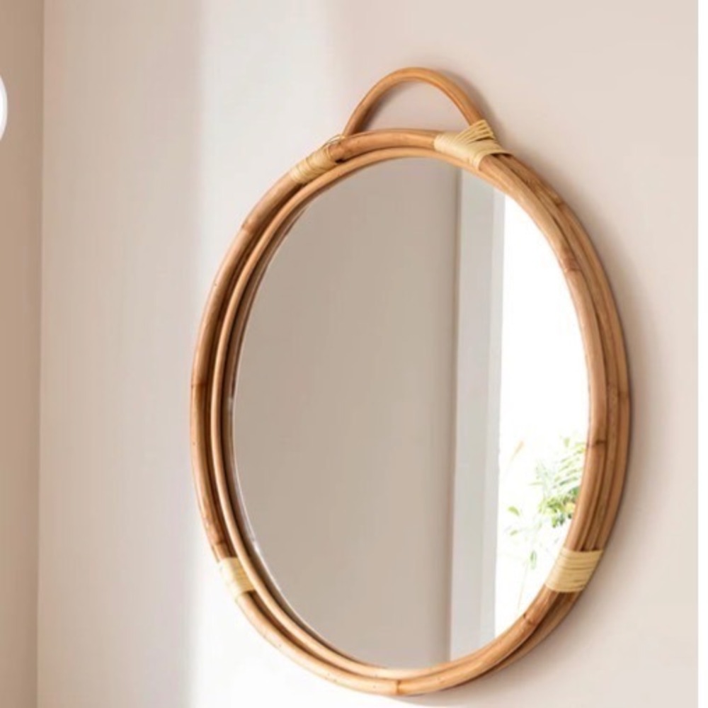 Vintage Bamboo Wall Round Mirror Cane 17in Brown Wicker Boho Mid Century Modern